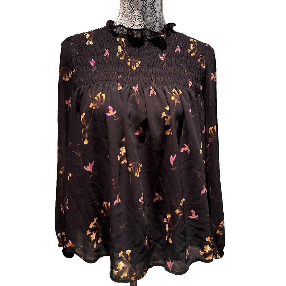 Madewell Georgette Womens S Black Floral Smocked Top Collar Prairie Country Boho